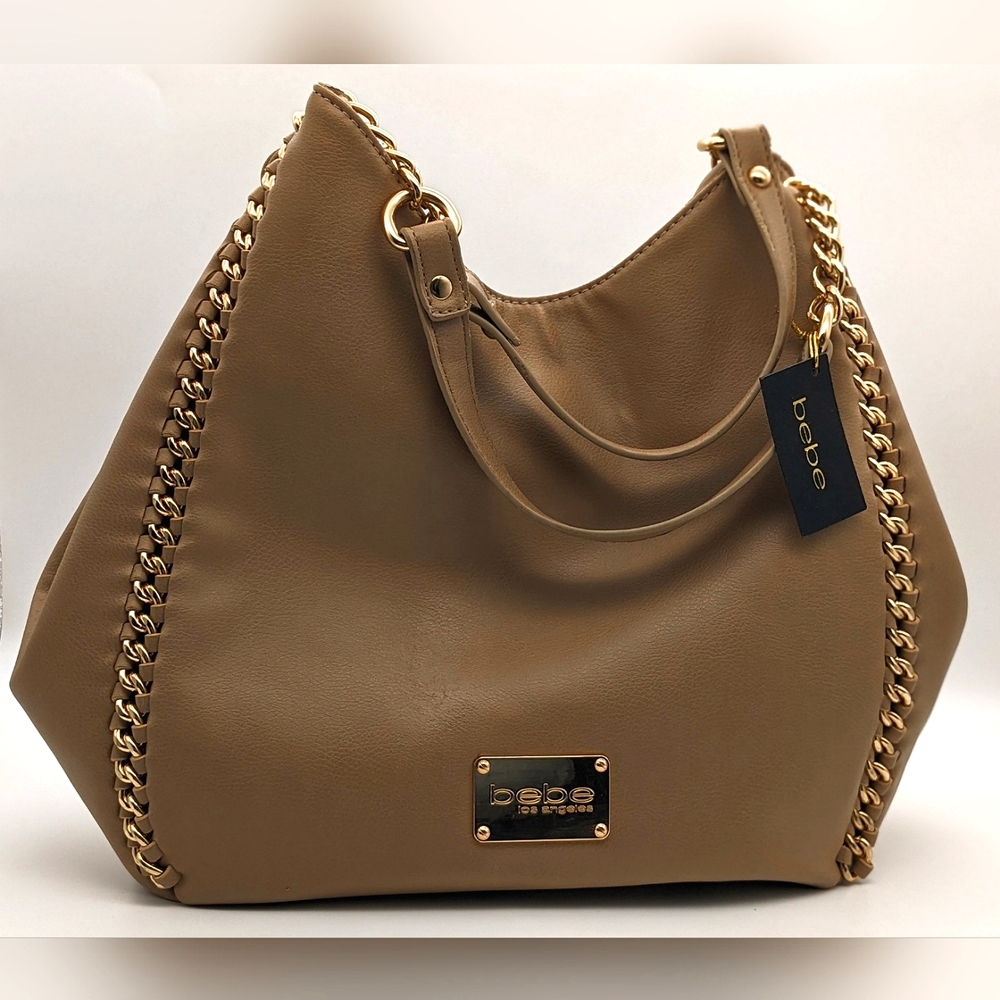 Bebe Colette Triple Entry Tote Purse in Stone/Tan